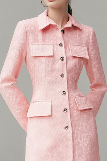 Pink Collar Tweed Single Breated Short Pencil Blazer Dress with Sleeves