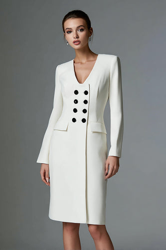 Ivory Pencil Satin Double Breasted Short Blazer Dress with Sleeves