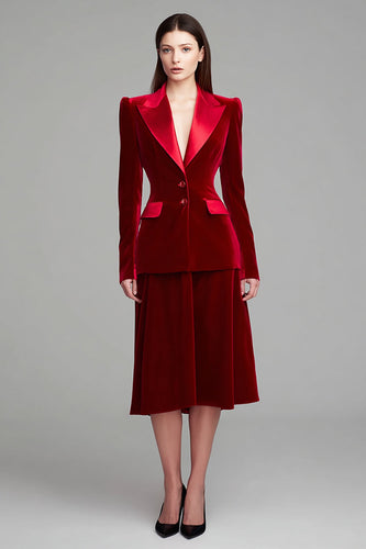 2 Piece Burgundy Velvet Peak Lapel Midi Business Suits with Sleeves