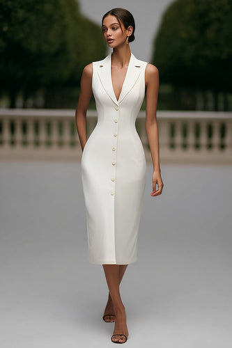 Ivory Single Breasted Satin Notched Lapel Midi Blazer Dress with Pockets