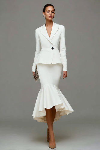 2 Piece Ivory Satin Notched Lapel Midi Business Suits with Ruffles