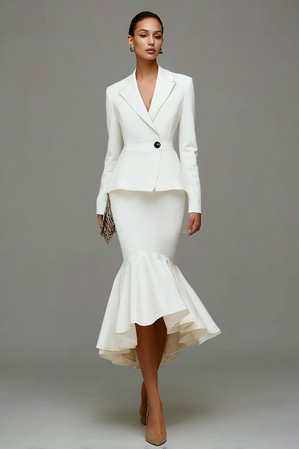 2 Piece Ivory Satin Notched Lapel Midi Business Suits with Ruffles