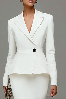 2 Piece Ivory Satin Notched Lapel Midi Business Suits with Ruffles
