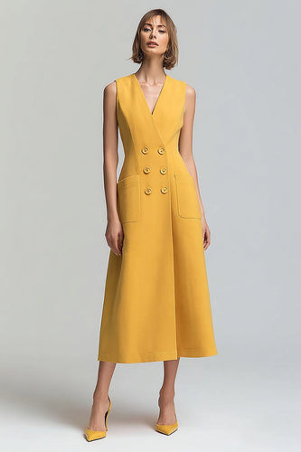 Yellow Satin Double Breasted V-Neck Midi Blazer Dress