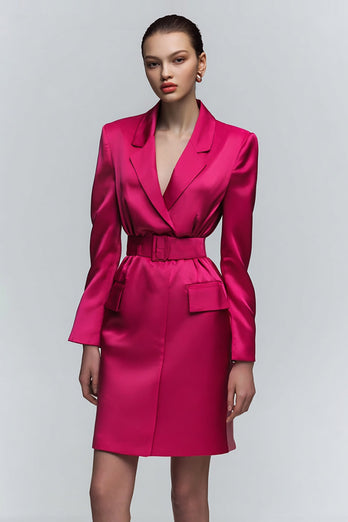 Fuchsia Satin Notched Lapel Short Blazer Dress with Belts