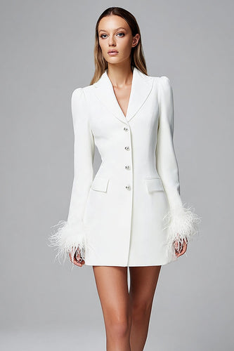 Ivory Long Sleeves Notched Lapel Short Blazer Dress with Feathers