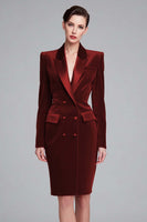 Load image into Gallery viewer, Red Velvet Pencil Peak Lapel Double Breasted Short Blazer Dress with Sleeves