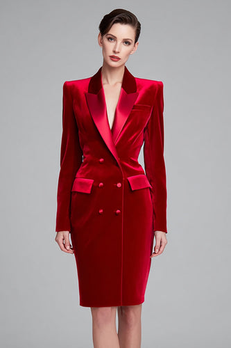 Red Peak Lapel Velvet Double Breasted Bodycon Short Blazer Dress with Sleeves