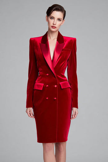 Red Peak Lapel Velvet Double Breasted Bodycon Short Blazer Dress with Sleeves
