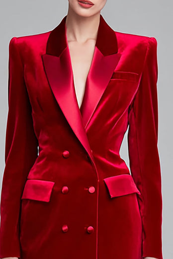 Red Peak Lapel Velvet Double Breasted Bodycon Short Blazer Dress with Sleeves