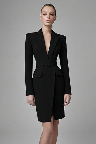 Simple Black Bodycon Long Sleeves Short Blazer Dress with Belts