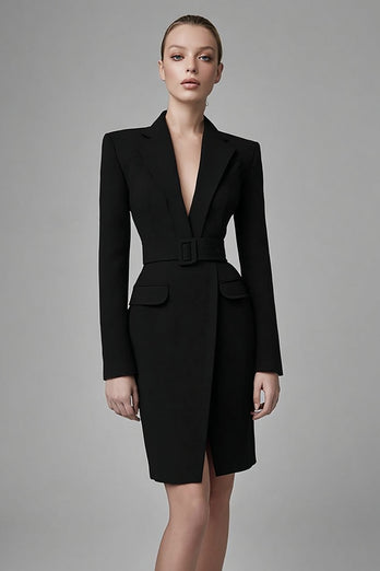 Simple Black Bodycon Long Sleeves Short Blazer Dress with Belts