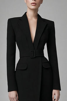 Simple Black Bodycon Long Sleeves Short Blazer Dress with Belts