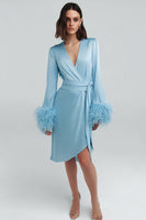Load image into Gallery viewer, Sky Blue Long Sleeves V-Neck Short Work Dress with Feathers