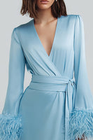 Load image into Gallery viewer, Sky Blue Long Sleeves V-Neck Short Work Dress with Feathers