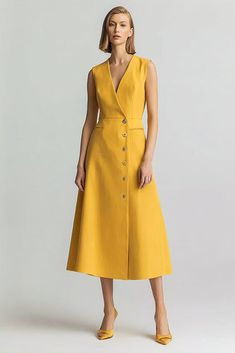 Yellow V-Neck A Line Single Breasted Midi Blazer Dress