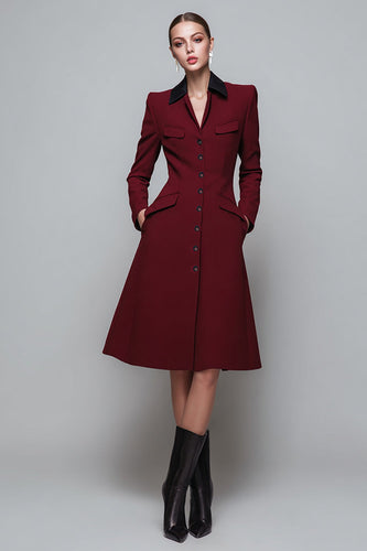Dark Red A Line Collar Neck Midi Blazer Dress with Pockets