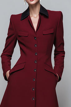 Dark Red A Line Collar Neck Midi Blazer Dress with Pockets