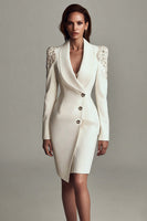 Load image into Gallery viewer, Sparkly Ivory Satin Shawl Lapel Short Pencil Blazer Dress with Sleeves