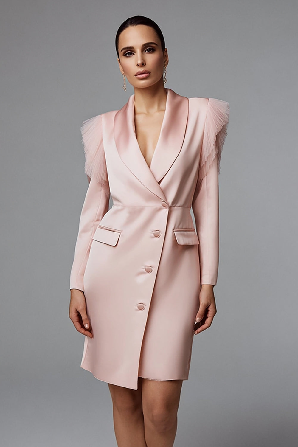 Pink Shawl Lapel Satin Single Breasted Short Pencil Blazer Dress with Sleeves