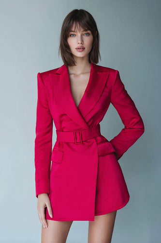 Fuchsia Satin Peak Lapel Short Pencil Blazer Dress with Belts