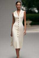 Load image into Gallery viewer, Ivory Notched Lapel Single Breasted Midi Pencil Blazer Dress