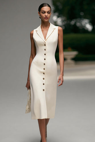 Ivory Notched Lapel Single Breasted Midi Pencil Blazer Dress