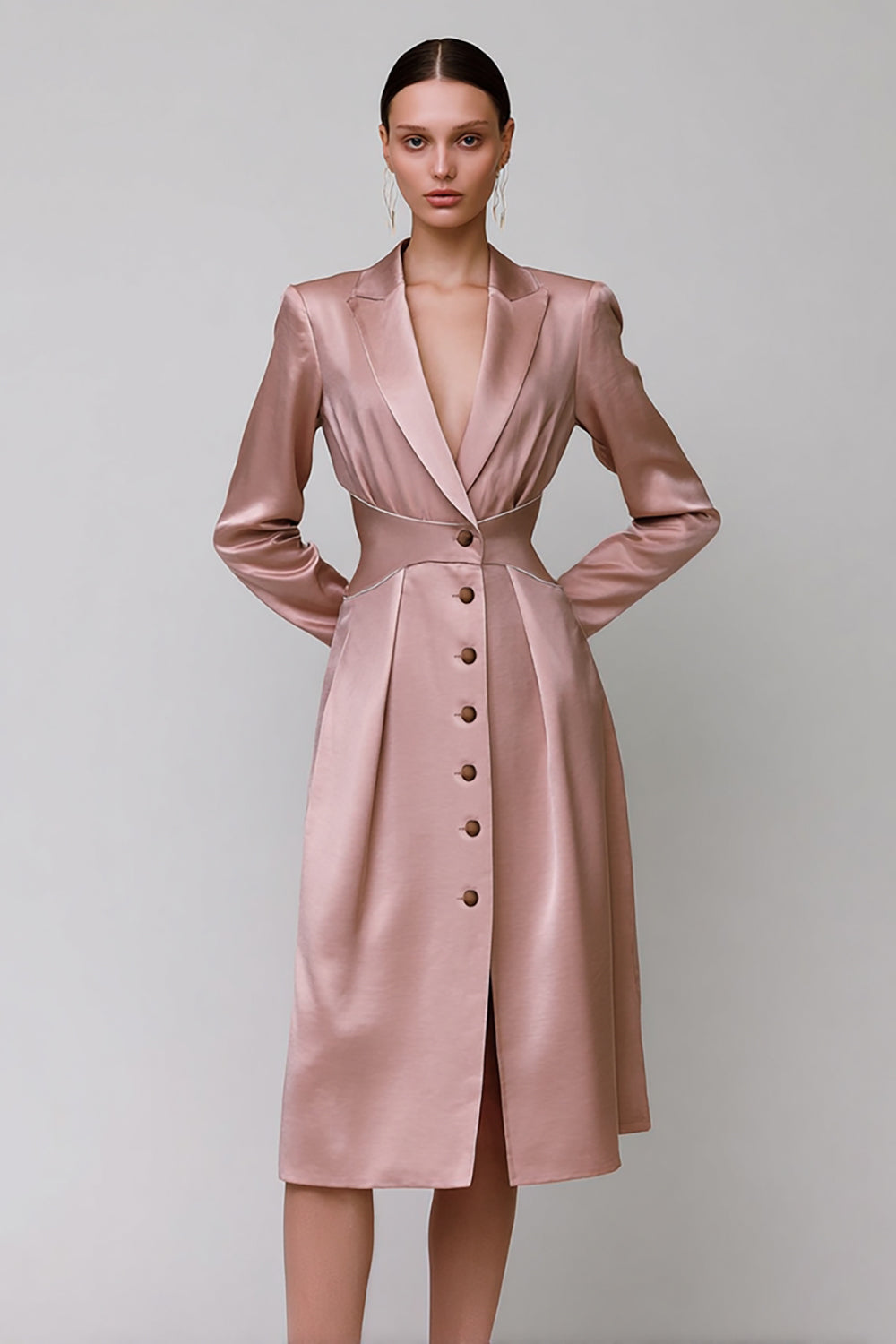 Dusty Rose Peak Lapel Single Breasted Short Blazer Dress with Sleeves
