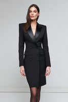 Load image into Gallery viewer, Queendancer Women Black Satin Pencil Midi Blazer Dress Long Sleeves Peak Lapel Double Breasted Work Dress