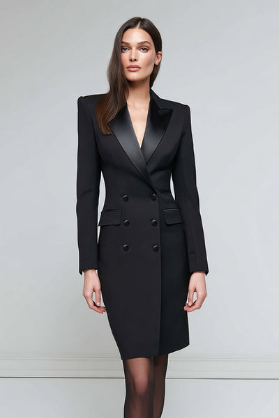 Queendancer Women Black Satin Pencil Midi Blazer Dress Long Sleeves Peak Lapel Double Breasted Work Dress