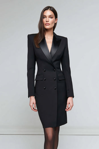 Queendancer Women Black Satin Pencil Midi Blazer Dress Long Sleeves Peak Lapel Double Breasted Work Dress