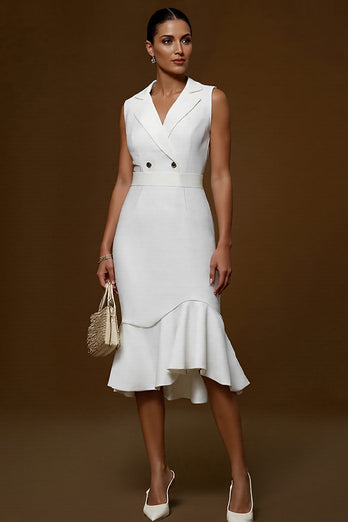 Ivory Notched Lapel Midi Pencil Blazer Dress with Ruffles