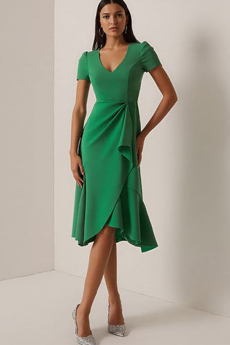 Green Ruffled Ruched Pencil Midi Work Dress with Sleeves