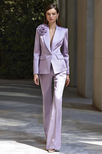 2 Piece Lilac Satin Floral Peak Lapel Business Suits