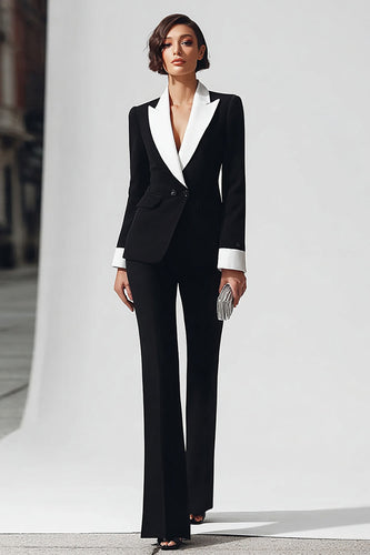 Queendancer Women 2 Piece Black and White Business Suits with Sleeves Peak Lapel Double Breasted Flare Leg Work Suits
