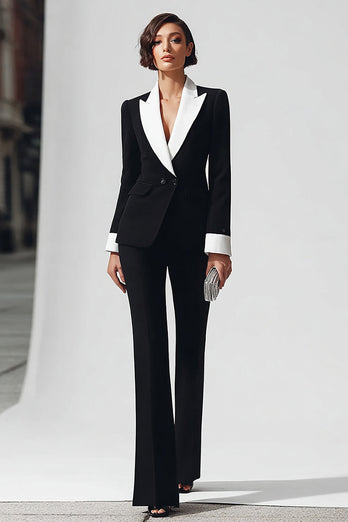 Queendancer Women 2 Piece Black and White Business Suits with Sleeves Peak Lapel Double Breasted Flare Leg Work Suits