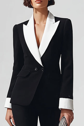 2 Piece Black and White Peak Lapel Flare Leg Business Suits with Sleeves