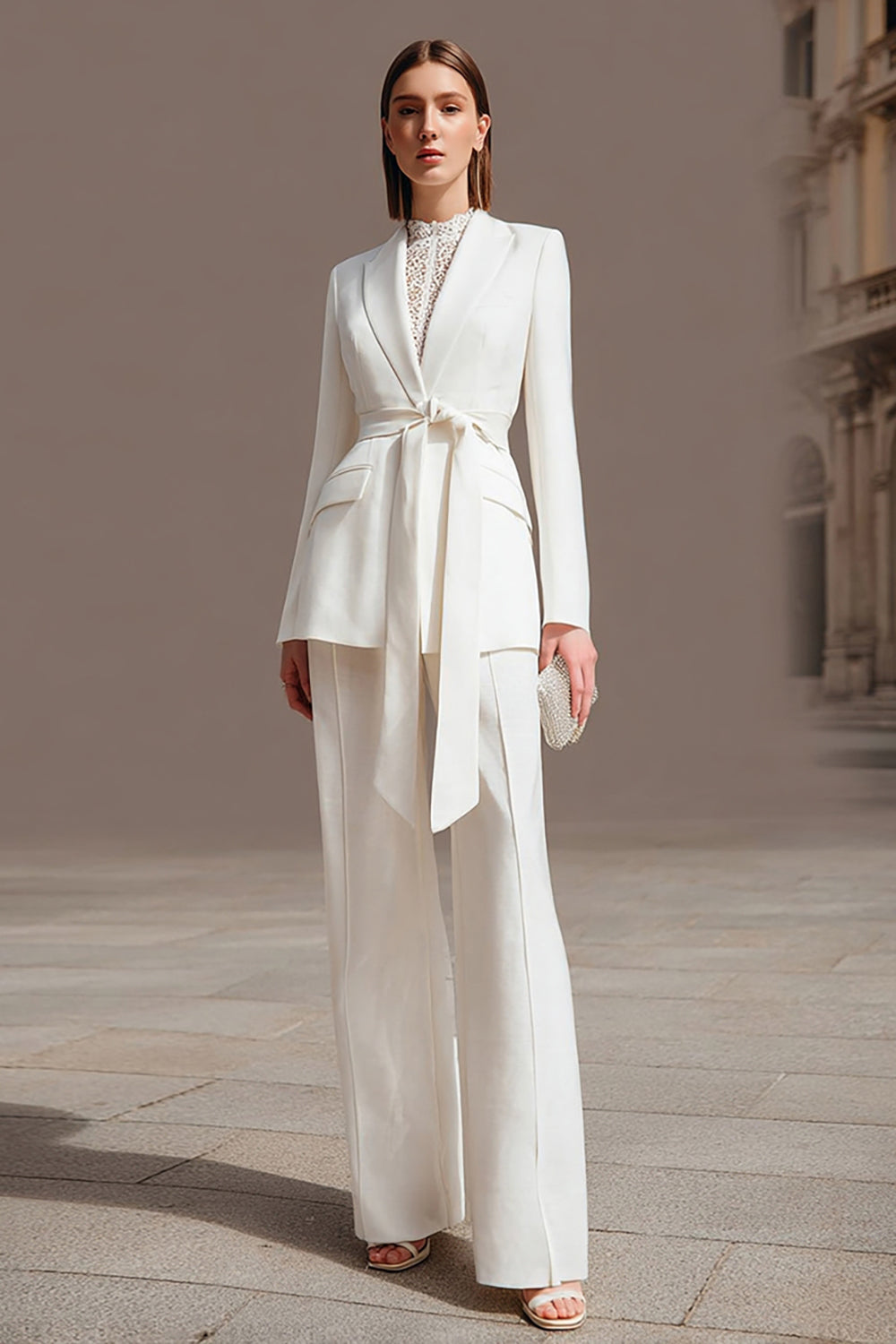 Ivory 2 Piece Long Sleeves Shawl Lapel Business Suits with Sash