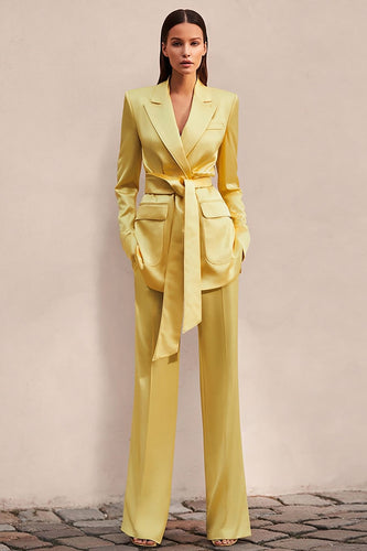 2 Piece Daffodil Long Sleeves Satin Business Suits with Sash