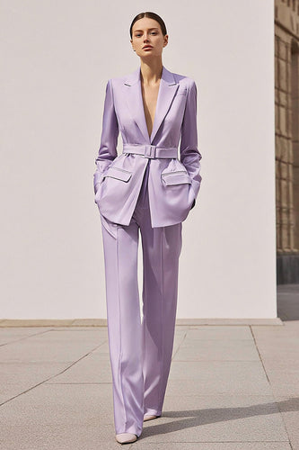 2 Piece Lilac Notched Lapel Satin Long Sleeves Business Suits with Belt