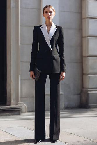 2 Piece Black Double Breasted Notched Lapel Business Suits with Sleeves