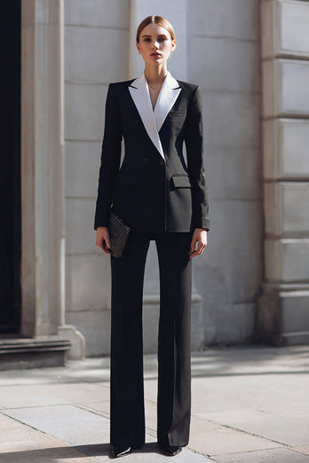 2 Piece Black Double Breasted Notched Lapel Business Suits with Sleeves