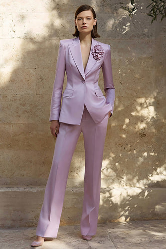2 Piece Lilac Satin Floral Peak Lapel Business Suits with Pockets