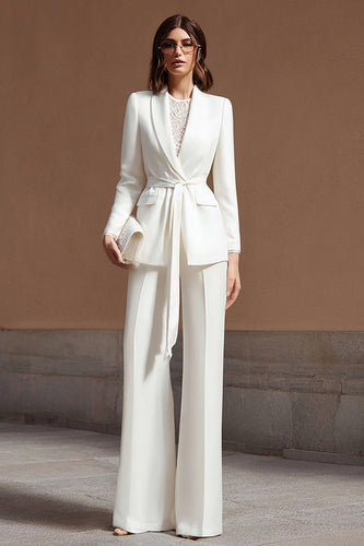 Ivory 2 Piece Shawl Lapel Wide Leg Business Suits with Sash
