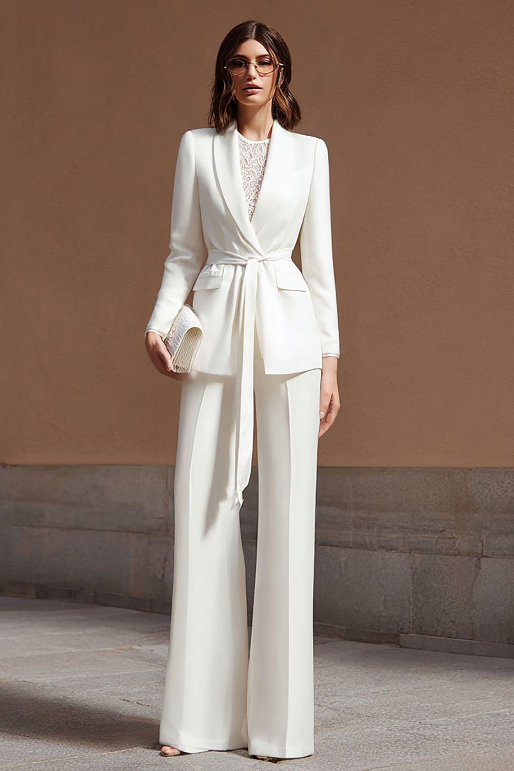 Ivory 2 Piece Shawl Lapel Wide Leg Business Suits with Sash