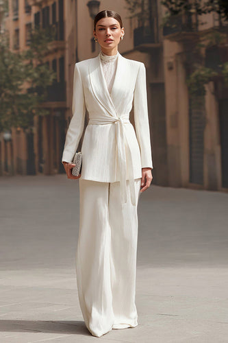 Ivory 2 Piece Shawl Lapel Wide Leg Business Suits with Sash
