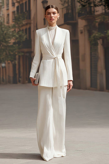Ivory 2 Piece Shawl Lapel Wide Leg Business Suits with Sash