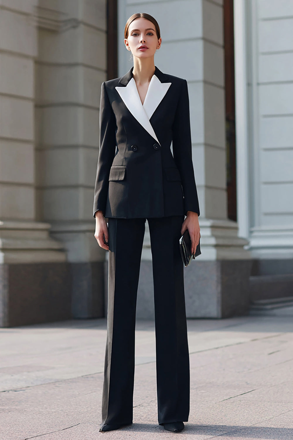 2 Piece Black Double Breasted Long Sleeves Business Suits