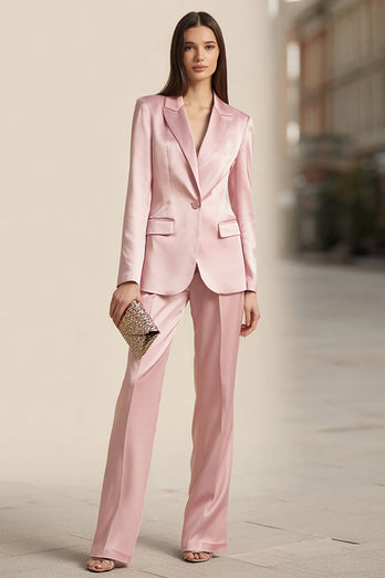 Pink 2 Piece Satin One Button Business Suits with Sleeves