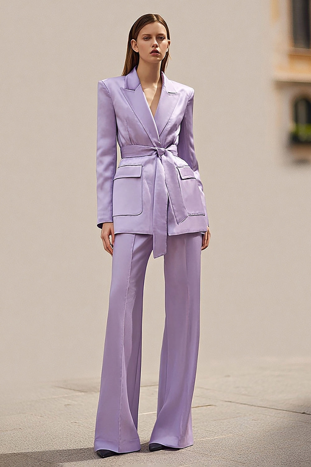 2 Piece Lilac Long Sleeves Peak Lapel Business Suits with Sash